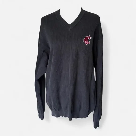 black Knit wsu v-neck sweater mens size L ribbed dark academia cotton relaxed - Picture 4 of 7